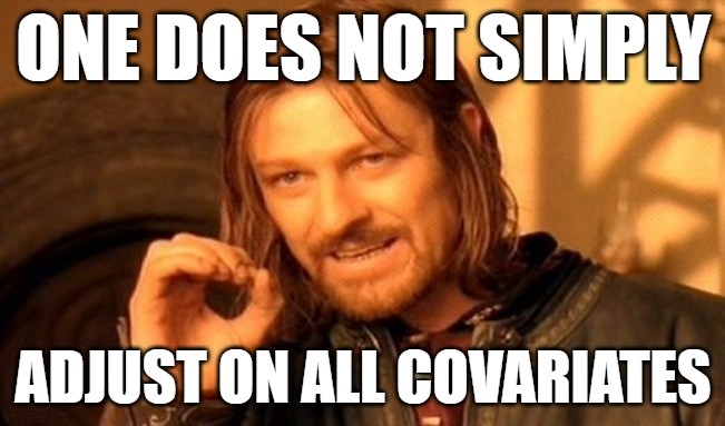 One does not simply adjust on all covariates